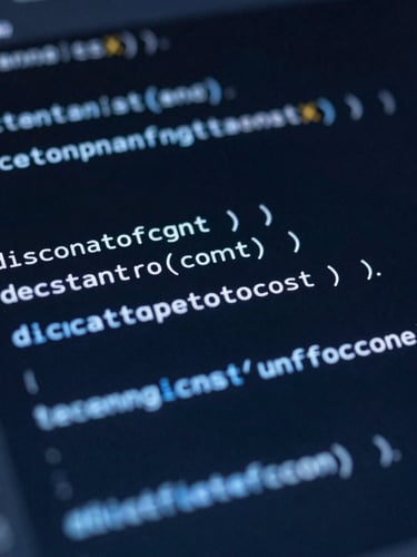 Extreme close-up macro shot of clean, well-structured code on a dark IDE screen, cool blue key light, deep shadows, sharp focus.