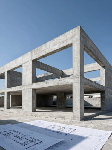 Architectural blueprint overlaid on a crisp daylight site photo of a raw concrete pour, high-contrast shadows, sharp geometric lines, professional editorial