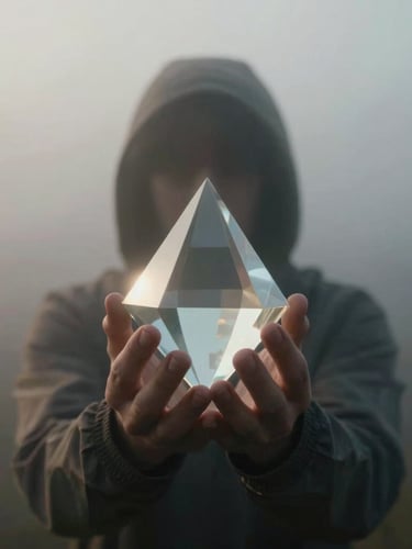 A figure obscured by thick morning mist holding a glowing prism, low-contrast diffused backlight, cinematic framing.
