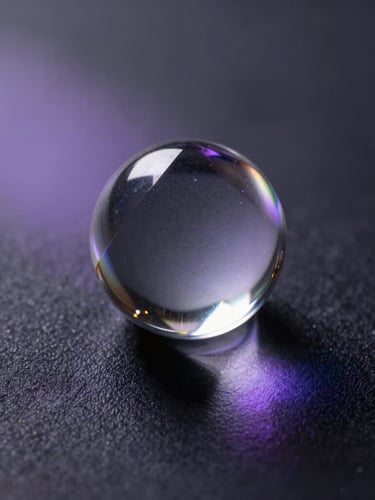 An extreme macro close-up of light refracting through a heavy glass prism, casting soft lavender and indigo light leaks across a dark textured surface.
