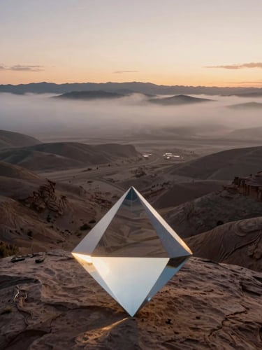 Extremely wide landscape of Utah desert at twilight, heavy morning fog rolling over low hills, soft backlighting refracting through a floating glass prism in the foreground.