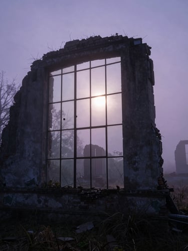 Extremely wide environmental shot of misty ruins at twilight, soft backlighting, low contrast, unearthly purple light refracting through glass