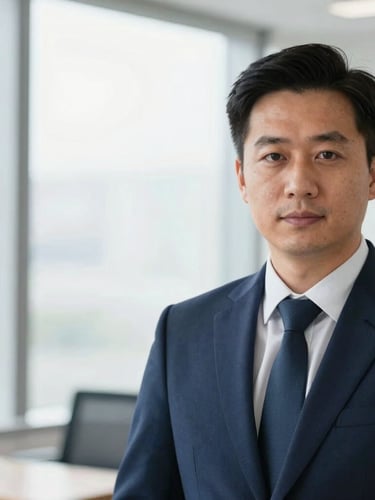 Professional portrait of a male corporate consultant in a sharp navy blazer, shallow depth of field, bright office window background, 35mm.