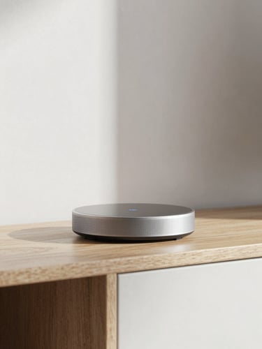 Straight-on eye-level shot of a minimalist living room corner with a smart hub on a wooden shelf, bright indirect daylight, cool neutral tones, 50mm lens