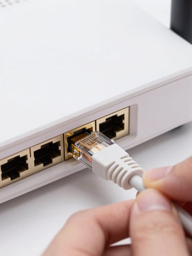 Crisp macro shot of hands connecting an ethernet cable into a sleek white router port, clean studio lighting, sharp focus