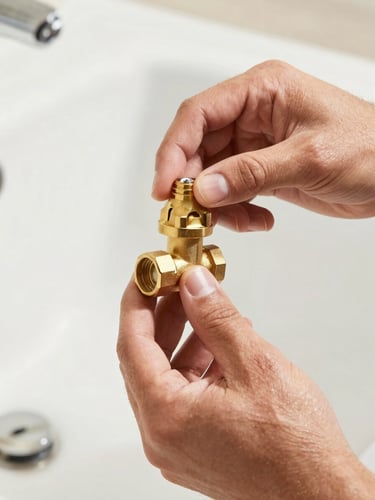 Sharp commercial photography of a professional plumber's hands installing a clean brass valve, bright natural daylight, high-contrast clean tones, 35mm