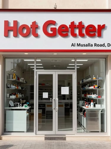 Sharp commercial photography of the physical storefront of Hot Getter Plumbing on Al Musalla Road, Deira, bright natural daylight, 35mm