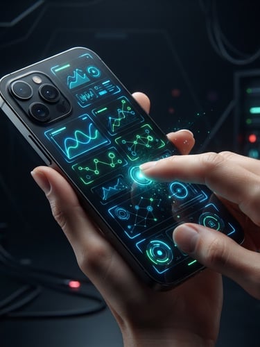 Sleek 3D render of a smartphone displaying a clean, high-contrast app interface with vibrant neon accents (electric blue and cyber green), dynamic isometric perspective, clean studio lighting, dark ambient background, fingers interacting with the screen.