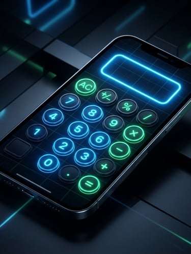 Sleek 3D render of a smartphone displaying a clean, dark-mode calculator interface with vibrant electric blue and cyber green neon accents, dynamic isometric perspective, studio lighting, left-aligned, bleeding to the edge.