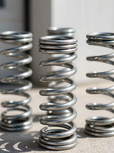 Close-up of heavy-duty steel garage door torsion springs, bright natural daylight, sharp focus on metallic coils, crisp commercial photography