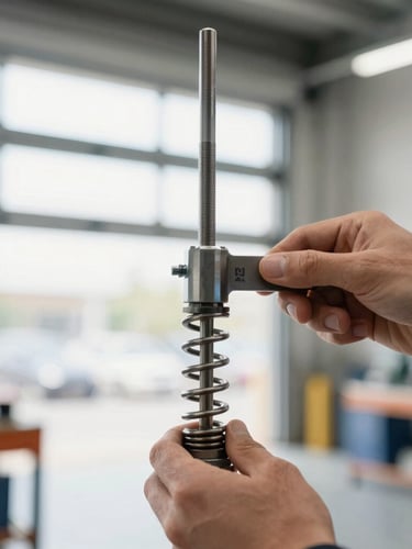 Close-up of hands calibrating a heavy-duty steel torsion spring in a brightly lit modern garage, sharp focus on tools, 35mm lens