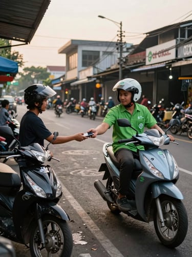 Wide environmental shot, a Gojek driver on a Jakarta street handing a phone to a user mid-transaction, natural golden-hour daylight, motorcycles and shopfronts visible in background, framed from the left with open space to the right