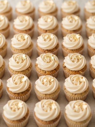 Editorial macro shot of perfectly aligned branded corporate cupcakes with hand-piped silky Swiss meringue buttercream, gold leaf accents, soft natural side-lighting, 35mm