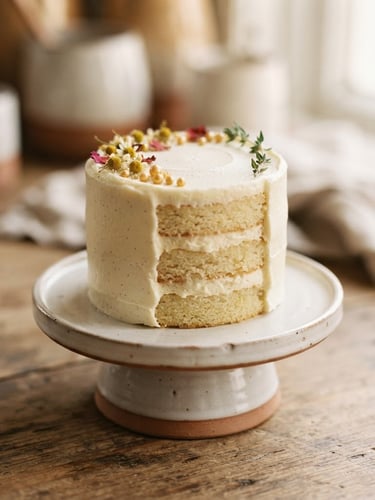 Editorial macro photo of a single, perfectly iced mini cake on a low ceramic pedestal, warm side-lighting, soft natural daylight, shallow depth of field, 35mm.