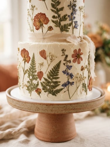 Editorial macro shot of an elegant tiered cake with hand-pressed botanicals on a ceramic pedestal, soft warm daylight, shallow depth of field