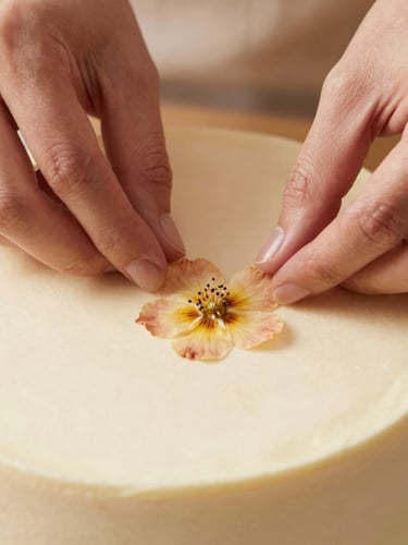Editorial macro shot of hands carefully placing a delicate hand-pressed botanical flower onto a smooth cream-colored cake layer, warm natural daylight, 35mm