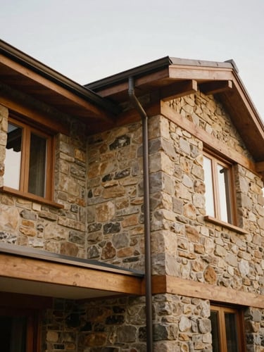 Architectural detail of a historic mid-century home, showing textured stone walls and warm oak frames under soft overcast daylight