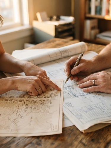 Close-up of hands reviewing physical blueprints and historical neighborhood maps on a solid oak table, soft warm golden-hour side lighting