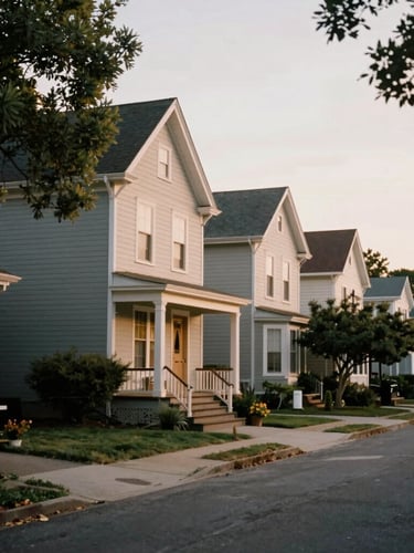 A quiet, tree-lined neighborhood street with historic craftsman homes under soft overcast daylight, rich muted tones.