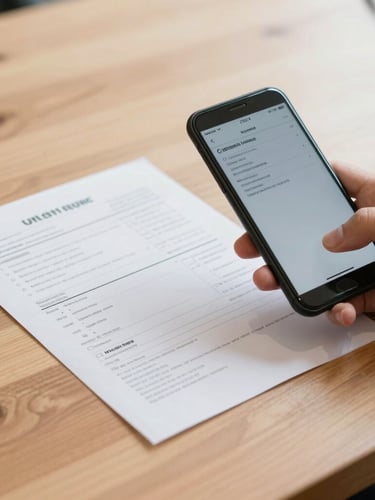 Bright natural daylight, a person holding a smartphone next to a paper utility bill on a clean wooden table, medium shot.