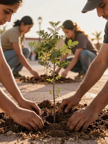 Close-up of local business employees planting native desert trees in a sunny Mexicali plaza, warm golden hour light, hands in dirt, teamwork focus, 35mm lens.
