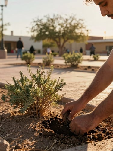 Candid documentary shot of hands planting native desert shrubs in a sunny Mexicali plaza, warm golden-hour light, 35mm lens