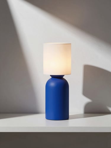 A modern sculptural cobalt blue table lamp glowing warmly on a minimalist shelf, sharp geometric shadows, high contrast, 35mm lens.