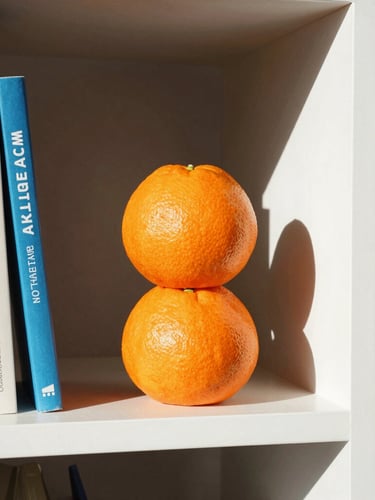 Close-up of a tangerine geometric sculpture styled on a contemporary bookshelf next to art books, direct sunlight, sharp shadows, 35mm lens.