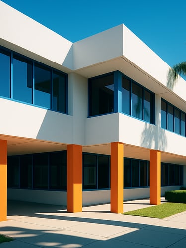 Bright architectural photography of a modern, sunlit Florida office with clean lines, crisp geometric shadows, 35mm