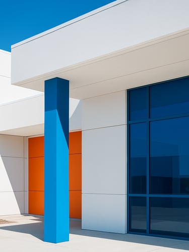 Bright modern architectural details of a sunlit Florida office with clean lines, sharp high-key daylight, and vivid blue accents, 35mm geometric composition.