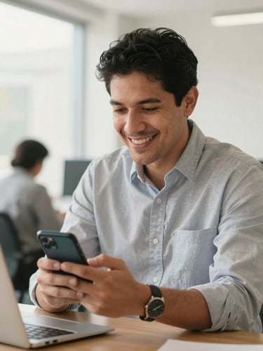 A friendly Latin American business owner in a bright, warm office, smiling while looking at his smartphone. Natural daylight, 35mm lens, authentic setting showing active communication.