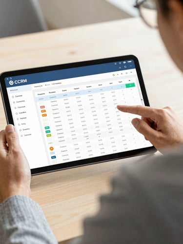 An over-the-shoulder view of a business owner reviewing a clean CRM dashboard on a tablet, bright natural daylight, warm tones, professional setting.