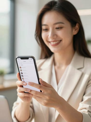 A friendly professional woman holding a smartphone, showing a clean messaging interface with a genuine smile, bright natural daylight, warm editorial style.