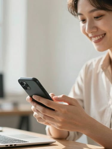 Medium close-up of a local business owner smiling while answering a WhatsApp message on his phone in a bright, sunlit office, warm editorial photography, 35mm lens