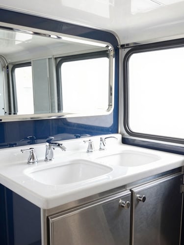 Bright high-key commercial photography of a gleaming luxury restroom trailer interior, pristine polished steel fixtures, crisp white porcelain, clean daylight, 35mm