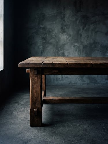 Low-key dramatic side-lighting on a heavy solid oak dining table with exposed mortise-and-tenon joinery, empty concrete room, 35mm film.