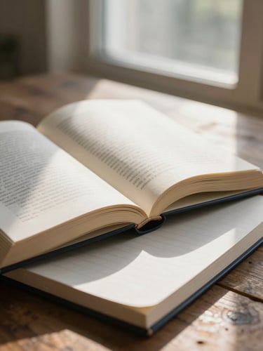 Soft morning daylight filtering through a window onto an open hardcover book and a clean journal on a rustic oak table, macro detail of paper texture.