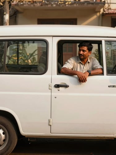 A premium white private cab parked outside a clean Kolkata home, chauffeur holding the door open under soft morning light.