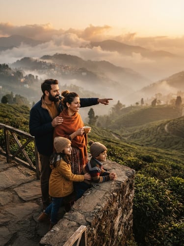 A relaxed family looking out at a misty tea garden in Darjeeling during golden hour, soft warm lighting, professional travel photography