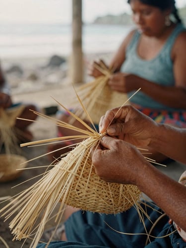 Documentary photography of a community art workshop in coastal Ecuador, natural golden light, hands weaving local straw, warm earthy tones, 35mm