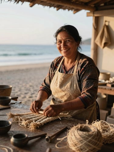 A smiling local woman artisan in her workshop, surrounded by natural fibers and tools, warm coastal golden hour light, authentic portrait