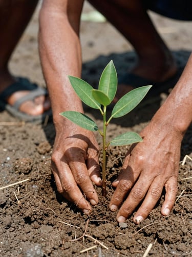 Close-up of hands planting a young mangrove sapling in wet coastal soil, rich earthy tones, natural daylight, 35mm film