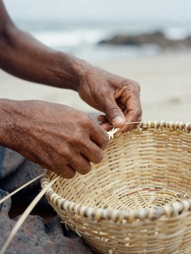 Close-up of hands weaving a natural fiber basket under soft coastal light, earthy tones, warm documentary style, 35mm