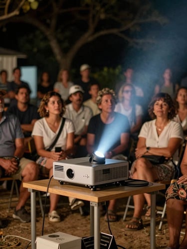 A community film screening outdoor at night, projector light cutting through the air, local audience watching, 35mm film style