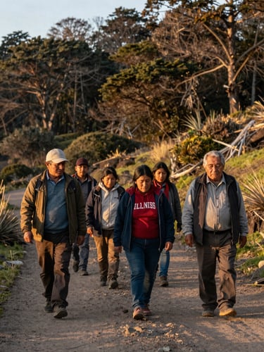 A small group of conscious travelers walking along a dusty path in Valdivia, guided by a local elder, coastal dry forest background, golden hour