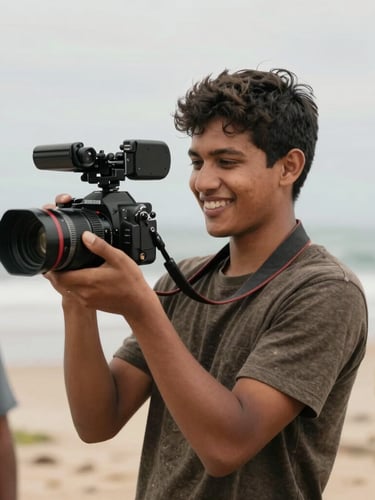 A young local filmmaker holding a camera, natural coastal light, smiling genuinely, behind-the-scenes documentary style