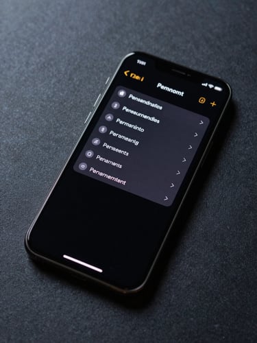 Overhead flat-lay of an Android phone displaying a sparse permissions dialog with minimal text entries on a dark interface, cool studio lighting, matte desk surface, no glare, tight crop showing screen and thin device bezel