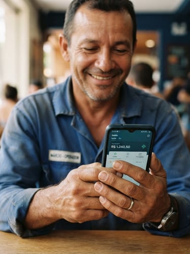 Autêntico trabalhador brasileiro sorrindo, usando o celular para acessar um aplicativo financeiro, em um ambiente de luz natural, com foco nas mãos e no telefone. Fundo sutilmente borrado.