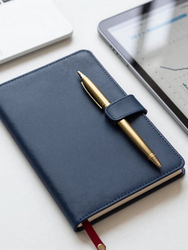 A top-down macro shot of an organized desk, featuring a high-quality physical notebook, a brass pen, and a clean tablet screen showing a simple financial chart, bright overcast daylight, sharp focus, 35mm