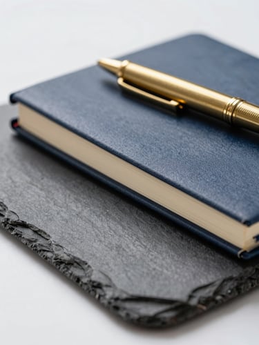Macro shot of a high-quality physical notebook and a brass pen on a structured slate desk, soft overcast daylight, sharp focus 35mm